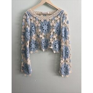 Willow & Root Womens Blue Floral Crochet Crop Sweater Small Hippie Boho Festival
